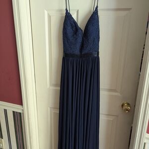Sherri Hill Blue Pleated Maxi Gown Spaghetti Strap